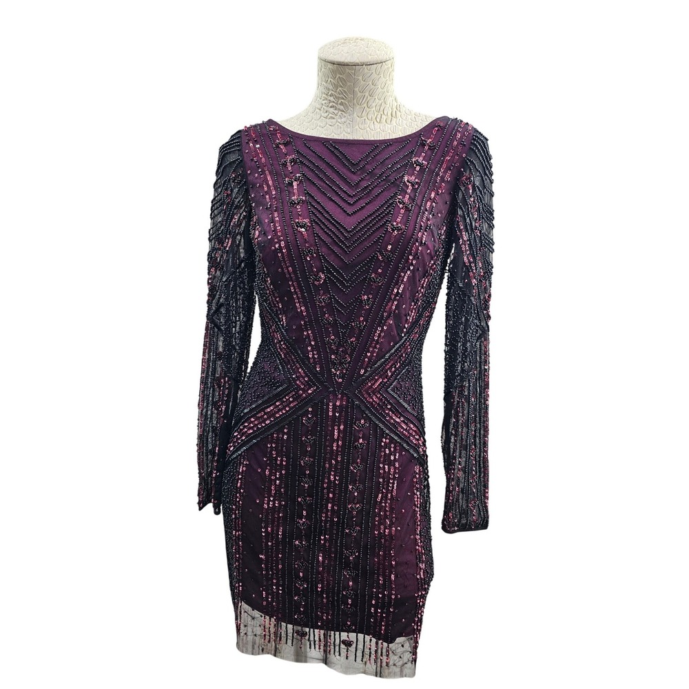 Aidan‎ Mattox Beaded Sequin Dress Size 4 Purple Long Sleeve Art Deco Gatsby Mini
